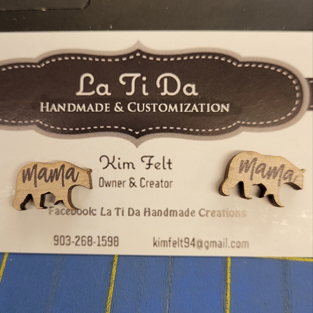 Wooden MAMA Bear 1/2" Stud Earrings Mom